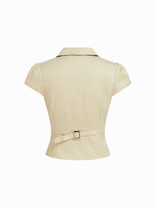 Cotton-blend Peter Pan Collar Puff Sleeve Metal Detail Double Breasted Blouse