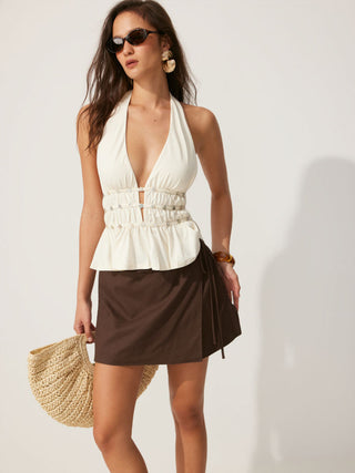 Linen-blend Wrap Front A-line Split Mini Skort