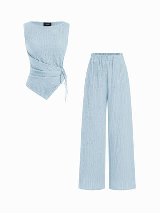 Texture Boat Neck Asymmetrical Hem Top & Mid Rise Straight Leg Trousers Set