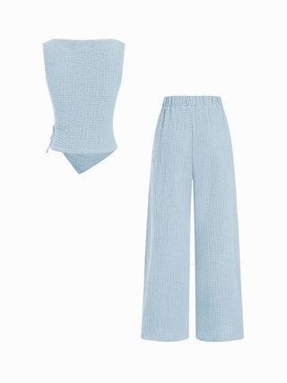 Texture Boat Neck Asymmetrical Hem Top & Mid Rise Straight Leg Trousers Set