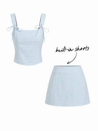 Valentine Woven U-neckline Gingham Bowknot Crop Tank Top & Low Rise Mini Skirt Set For Date