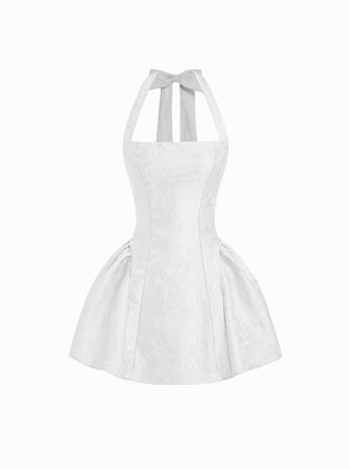 Jacquard Sculptural Halter Neckline Floral Bowknot Ruched Flared Mini Dress