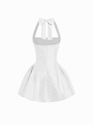 Jacquard Sculptural Halter Neckline Floral Bowknot Ruched Flared Mini Dress