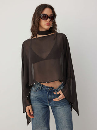 Chiffon Boat Neck Cloak Sleeve See-through Oversized Cape With Scarf