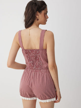 Woven Cotton Square Neck Lace Panel Gingham Top & Mid Rise Bubble Hem Shorts Set For Daily Casual