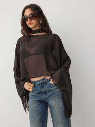 Chiffon Boat Neck Cloak Sleeve See-through Oversized Cape With Scarf