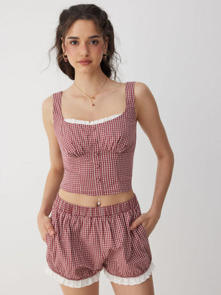 Woven Cotton Square Neck Lace Panel Gingham Top & Mid Rise Bubble Hem Shorts Set For Daily Casual