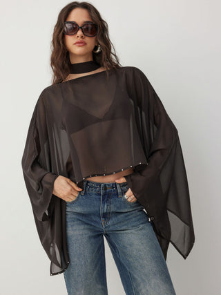 Chiffon Boat Neck Cloak Sleeve See-through Oversized Cape With Scarf