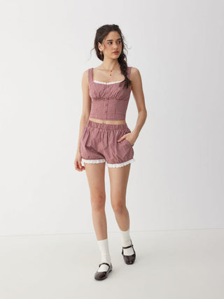 Woven Cotton Square Neck Lace Panel Gingham Top & Mid Rise Bubble Hem Shorts Set For Daily Casual