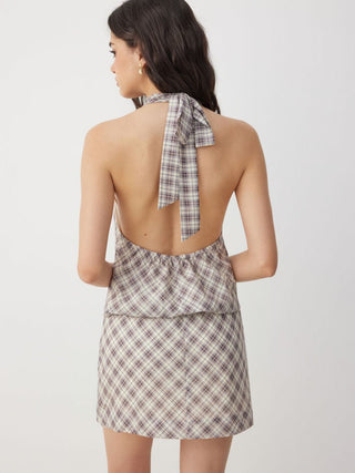 Plaid Halter Neckline Draped Straight Mini Dress