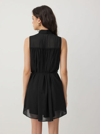 Chiffon Stand Collar Drawstring Ruffled A-line Mini Dress With Scarf