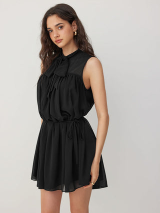 Chiffon Stand Collar Drawstring Ruffled A-line Mini Dress With Scarf