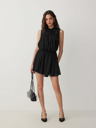 Chiffon Stand Collar Drawstring Ruffled A-line Mini Dress With Scarf
