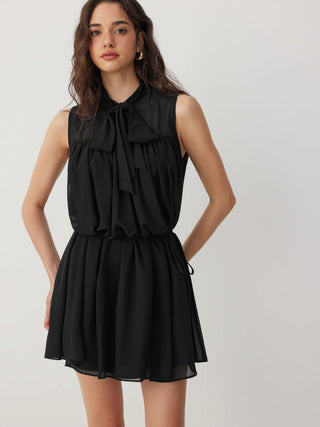 Chiffon Stand Collar Drawstring Ruffled A-line Mini Dress With Scarf