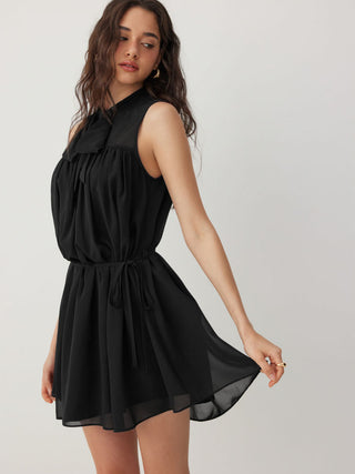 Chiffon Stand Collar Drawstring Ruffled A-line Mini Dress With Scarf