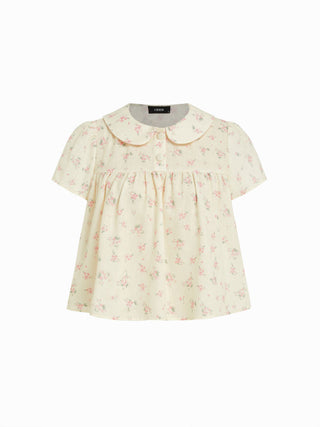 Woven Floral Peter Pan Collar Short Sleeve Blouse For Daily Casual