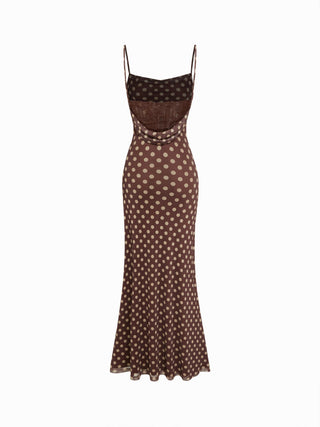 Mesh Polka Dot Lace Panel High Rise Mermaid Maxi Dress