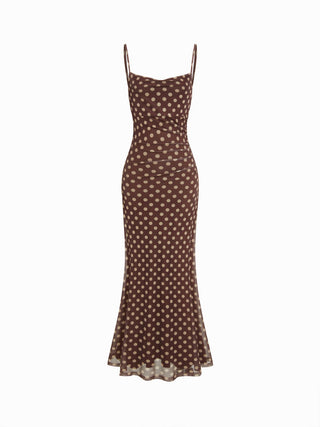 Mesh Polka Dot Lace Panel High Rise Mermaid Maxi Dress