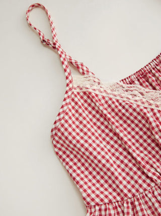 Gingham Sweetheart Lace Panel Ruffle Cami Top