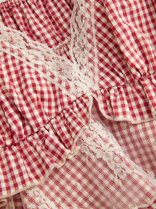 Gingham Sweetheart Lace Panel Ruffle Cami Top
