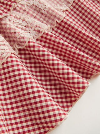 Gingham Sweetheart Lace Panel Ruffle Cami Top