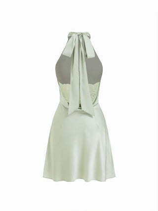 Satin Halter Neckline Backless Bowknot A-line Mini Dress