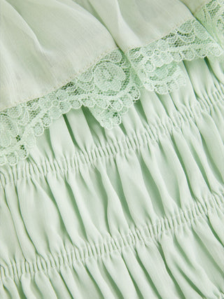 Chiffon Ruched Lace Trim Ruffled Tiered A-line Maxi Dress