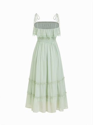 Chiffon Ruched Lace Trim Ruffled Tiered A-line Maxi Dress