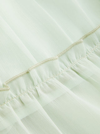 Chiffon Ruched Lace Trim Ruffled Tiered A-line Maxi Dress