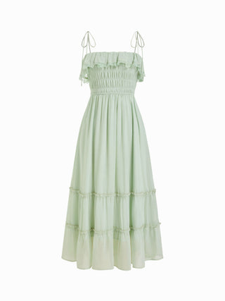 Chiffon Ruched Lace Trim Ruffled Tiered A-line Maxi Dress