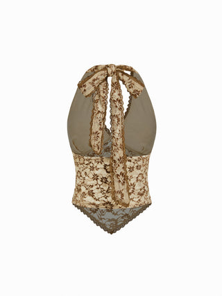 Lace Floral Jacquard Halter Neckline Bowknot Top