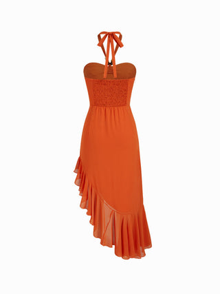 Chiffon Chiffon Halter Neckline Beaded Ruched Asymmetrical Ruffle Hem A-line Maxi Dress For Party/Clubbing Vacation