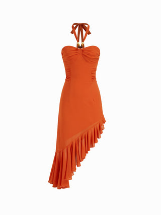 Chiffon Chiffon Halter Neckline Beaded Ruched Asymmetrical Ruffle Hem A-line Maxi Dress For Party/Clubbing Vacation