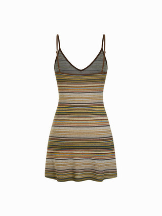 Knit V-neck Striped Flared Mini Dress