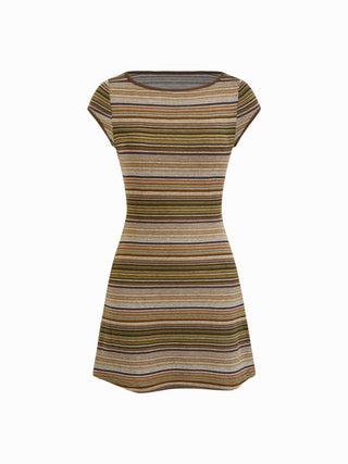 High Stretch Textured Striped Boat Neck Short Sleeve Colorblock A-line Mini Dress