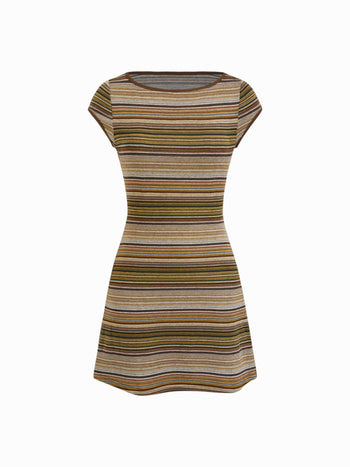 High Stretch Textured Striped Boat Neck Short Sleeve Colorblock A-line Mini Dress