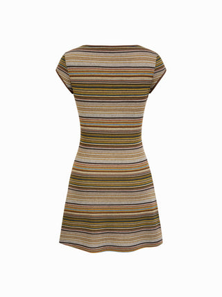 High Stretch Textured Striped Boat Neck Short Sleeve Colorblock A-line Mini Dress