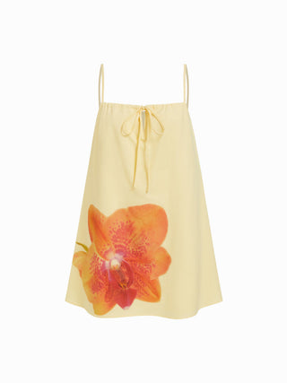 Linen-blend Floral Graphic Bowknot Oversized A-line Mini Dress