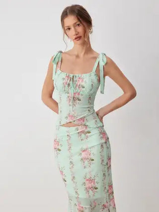 Mesh Mesh Floral Bowknot Cami Top & Mid Rise Maxi Skirt Set For Vacation