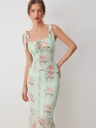 Mesh Mesh Floral Bowknot Cami Top & Mid Rise Maxi Skirt Set For Vacation