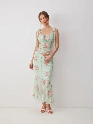 Mesh Mesh Floral Bowknot Cami Top & Mid Rise Maxi Skirt Set For Vacation