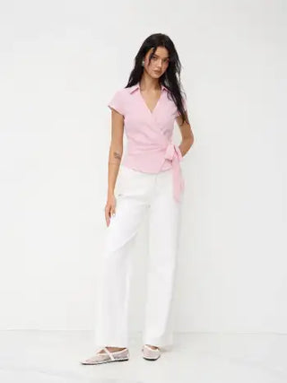 Cotton-blend Polo Neck Stripe Knotted Blouse