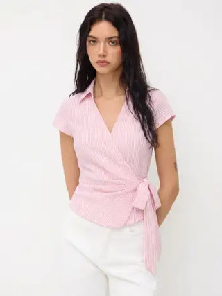 Cotton-blend Polo Neck Stripe Knotted Blouse