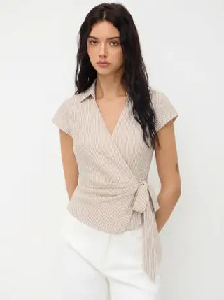 Cotton-blend Polo Neck Stripe Knotted Blouse
