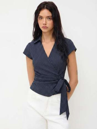 Cotton-blend Polo Neck Stripe Knotted Blouse