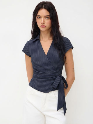 Cotton-blend Polo Neck Stripe Knotted Blouse