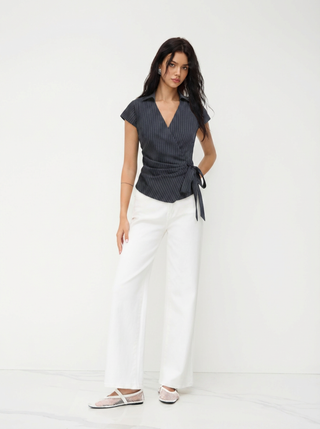 Cotton-blend Polo Neck Stripe Knotted Blouse