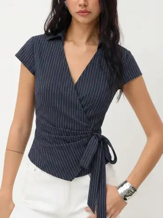 Cotton-blend Polo Neck Stripe Knotted Blouse