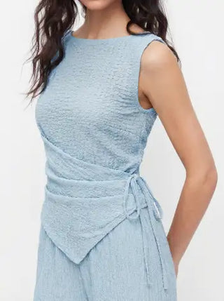 Texture Boat Neck Asymmetrical Hem Top & Mid Rise Straight Leg Trousers Set