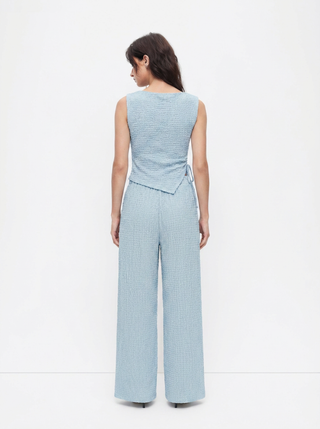 Texture Boat Neck Asymmetrical Hem Top & Mid Rise Straight Leg Trousers Set